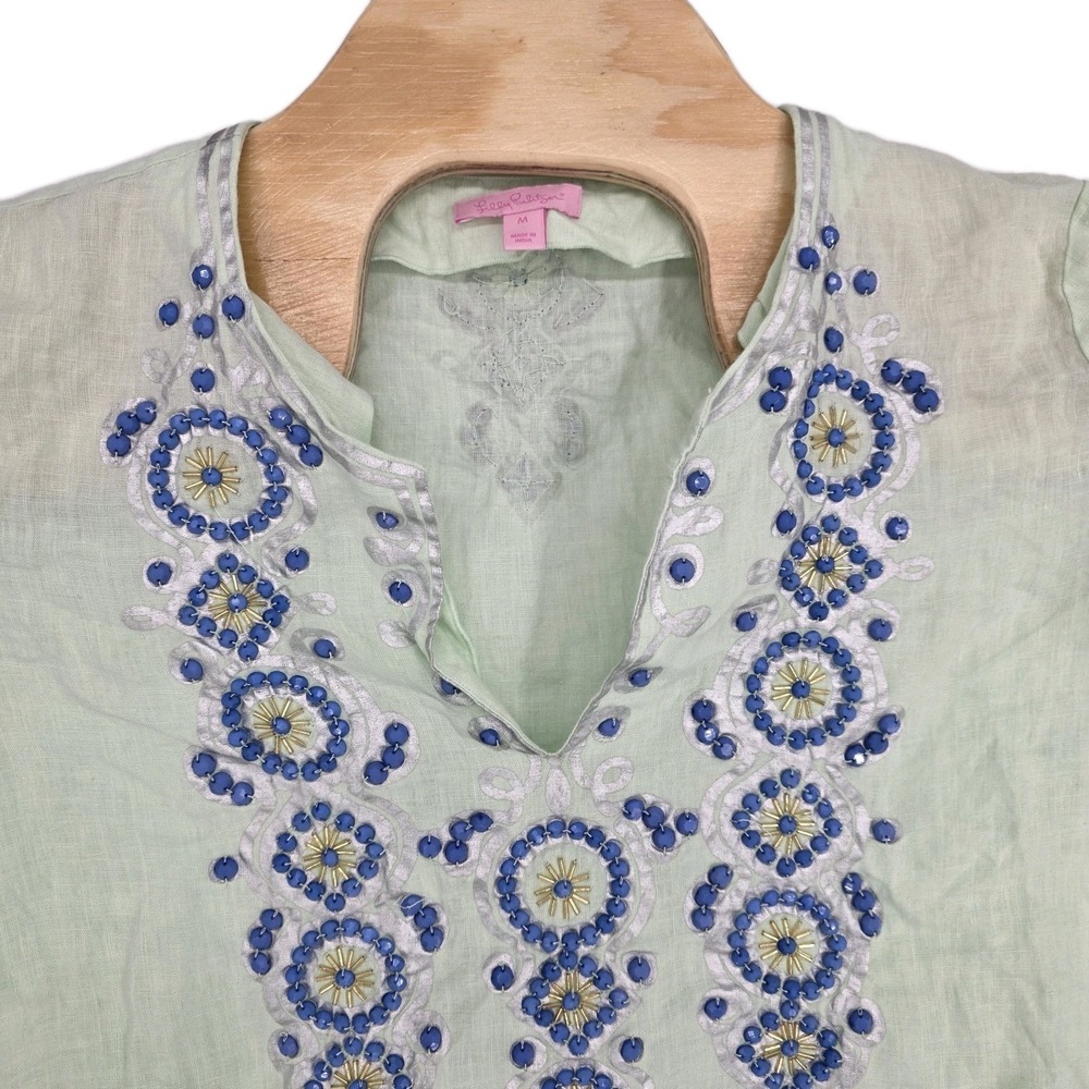 Lilly‎ Pulitzer Linen Blouse Women M Blue Embellished Boho Split V-neck 3/4 Slv